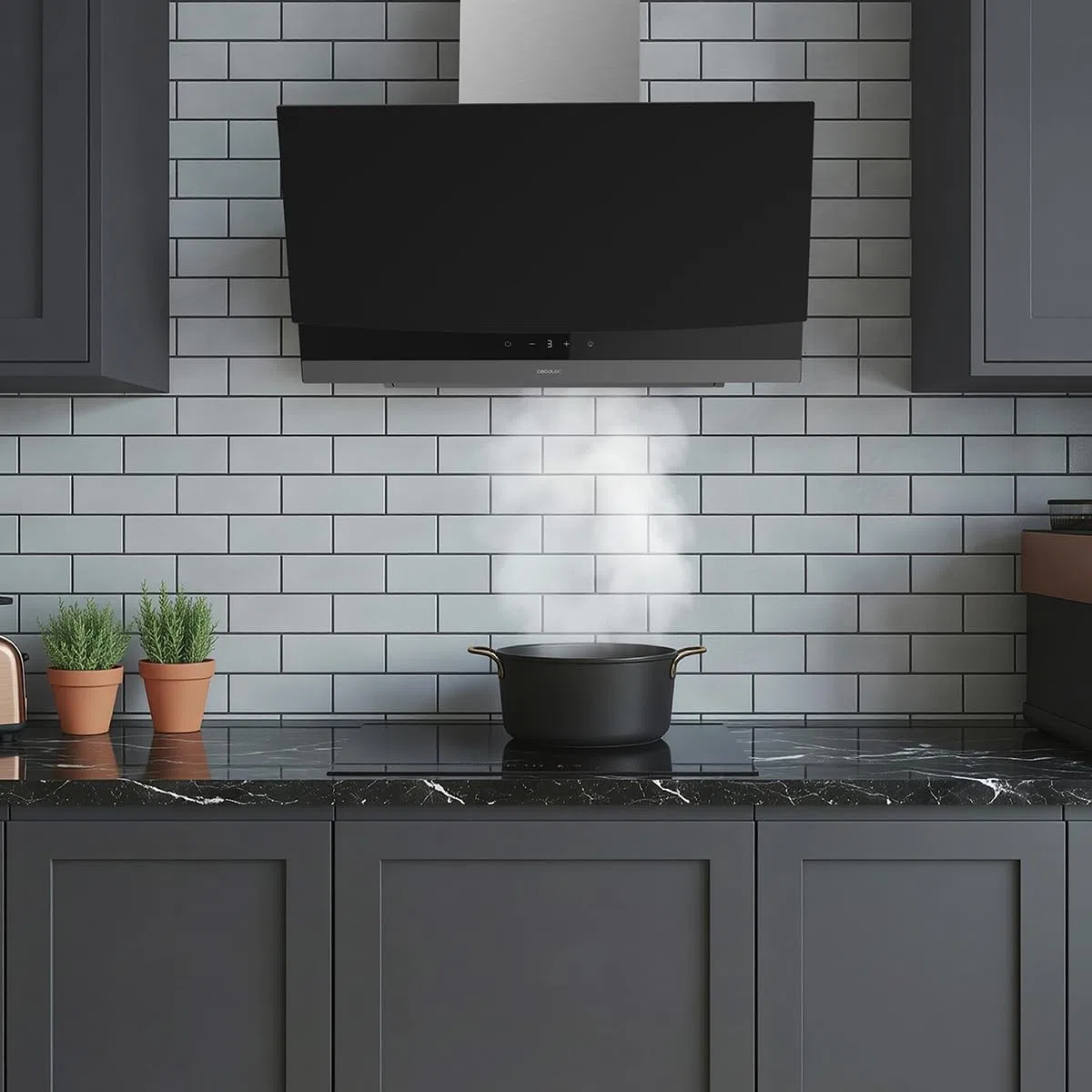 Cecotec Campana Extractora 60cm Decorativa Bolero Flux DT 604400 Matt Black A+++. Succión 416,5m³/h, 3 Velocidades, Bajo Consumo, Motor DC, Control de Movimiento y Táctil, Cristal Mate, Cuerpo Inox