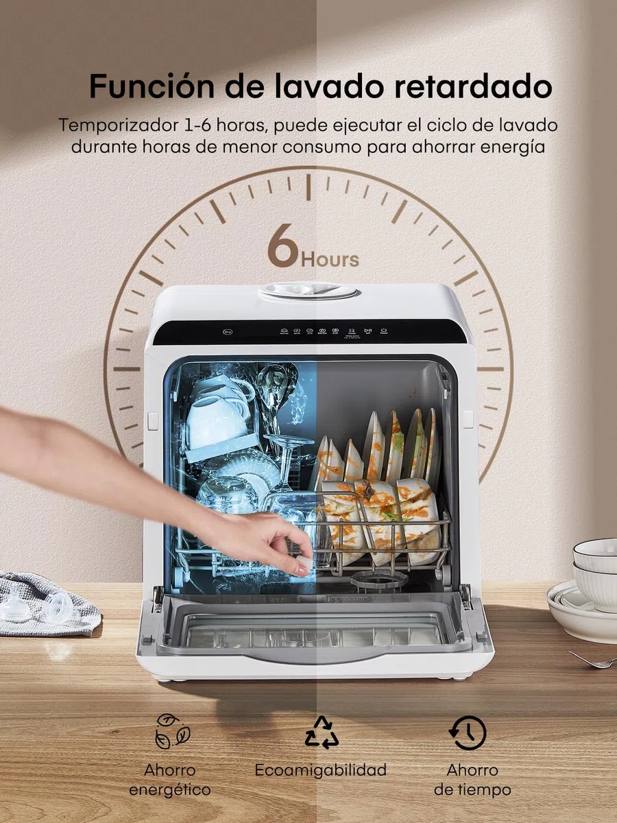 Mini Lavavajillas de Sobremesa con 5+1 Programas, Inicio Diferido 1–6h, Depósito de 5 Litros, 2 Formas de Suministro de Agua, Control Táctil y Pantalla LED, Ideal Para Cocinas y Autocaravanas
