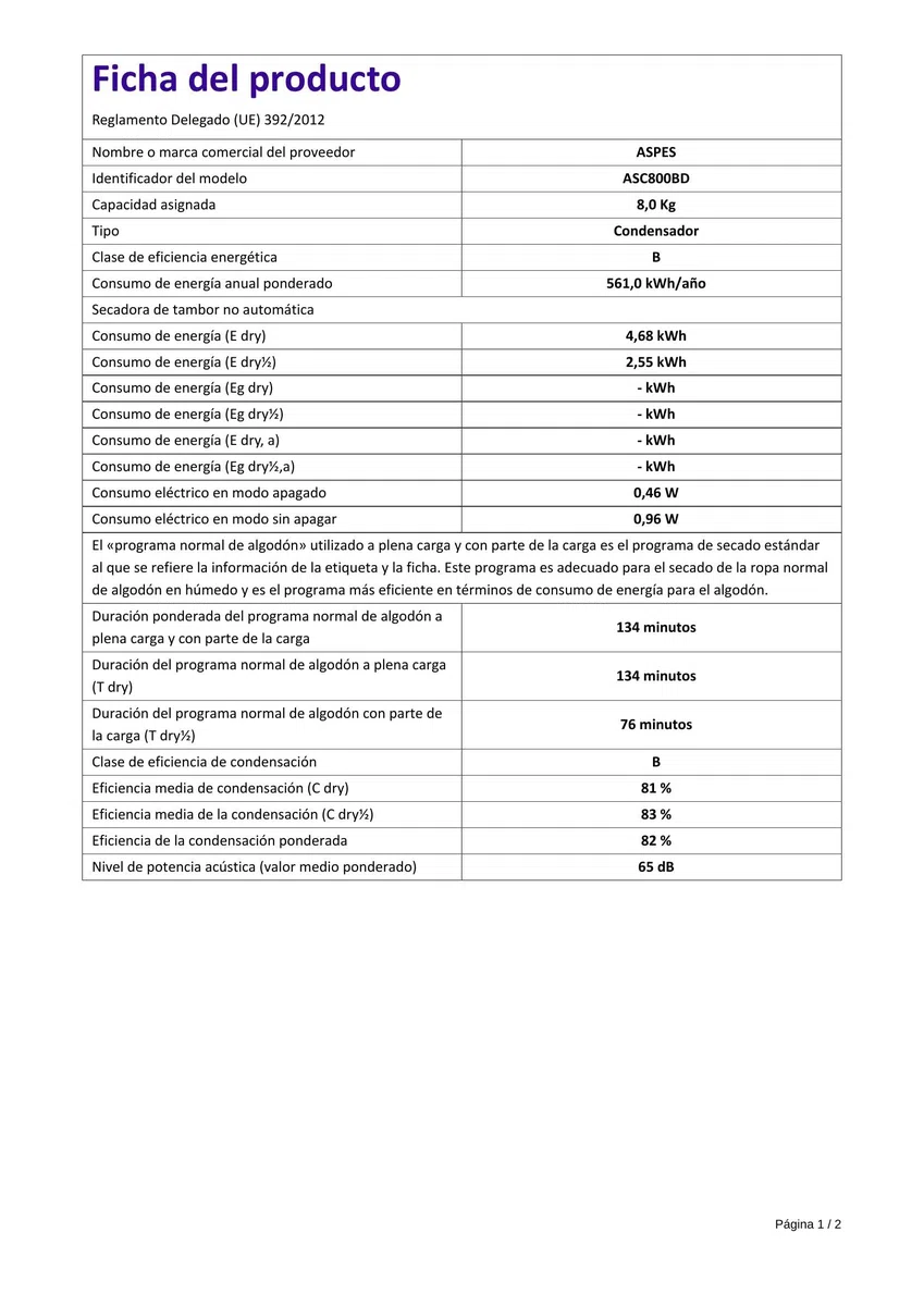 Aspes Secadora de Condensación 8Kg Carga Frontal Blanco ASC800BD. 2700W, 15 Programas, Función Antiarrugas, Función Antiarrugas, Display LED manual, Eficiencia Energética Clase B