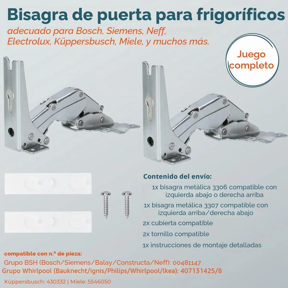 Kenekos - Juego de 2 bisagras de puerta para frigorífico Bosch Siemens 00481147/481147 Neff AEG Electrolux 407131425/8 Miele 5546050 Quelle Constructa Balay Congelador