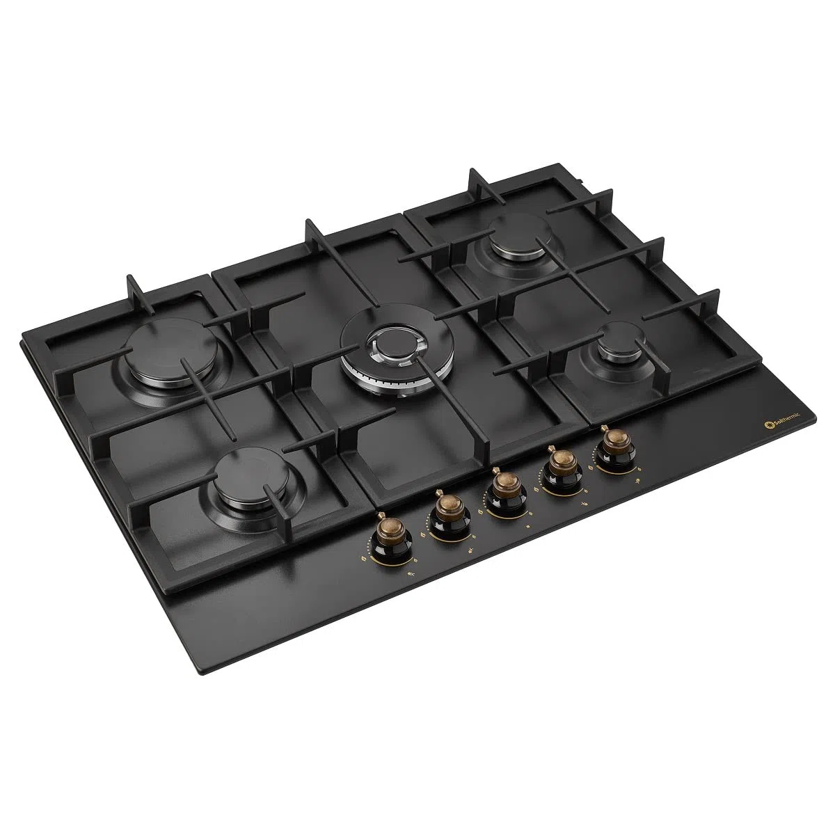 SOLTHERMIC BL032 PLACA GAS NEGRA RUSTICA CON MANDOS DORADOS/ANCHO 70 CM ENCASTRABLE EN HUECO DE 60 CM / 5 FUEGOS CON ENCENDIDO AUTOMATICO/PARRILLA HIERRO FUNDIDO
