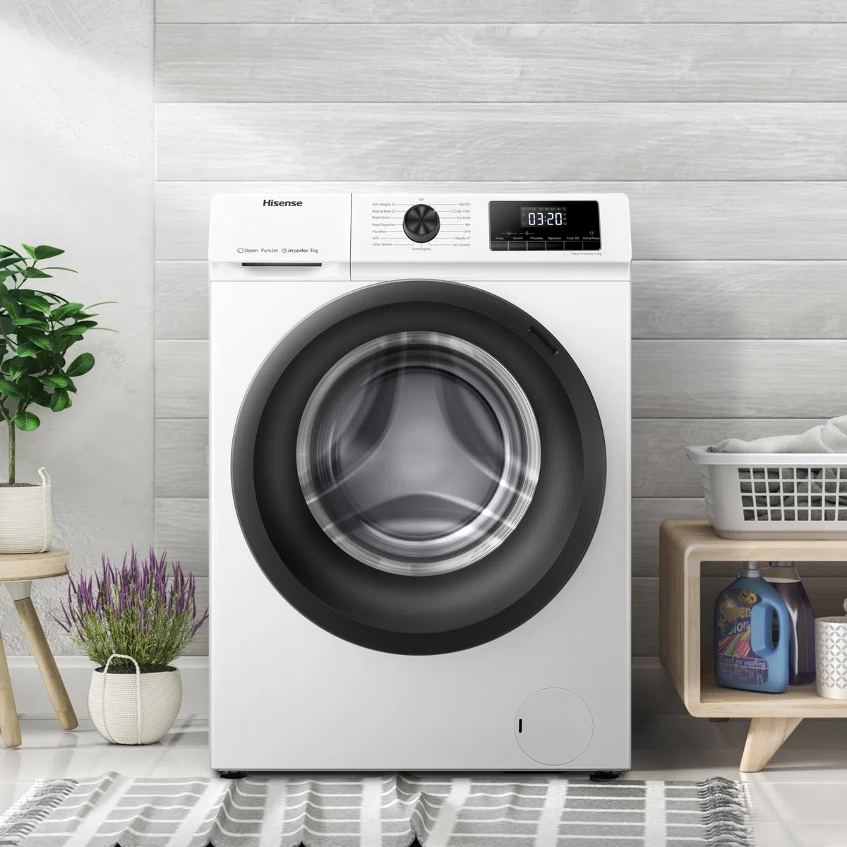 Hisense WFQE8014EVJM Lavadora 8 Kg, 1400 rpm, 15 Programas Automáticos, Vapor, Motor Inverter, Clase Eficiencia Lavado A, Pantalla LED, Programa Rápido, PureJet, Blanco
