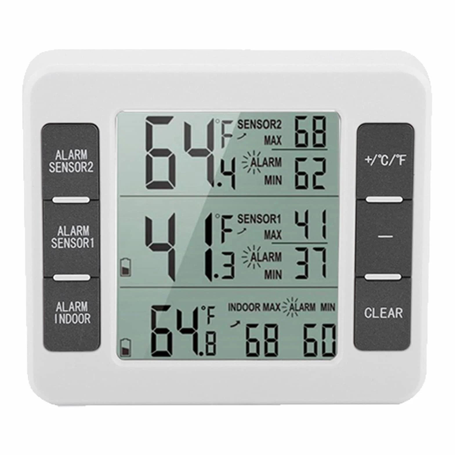 Termómetro de nevera Pantalla digital inalámbrica Monitor de temperatura del congelador Termómetro de refrigerador con sensor de 2 piezas y alarma mínima/máxima