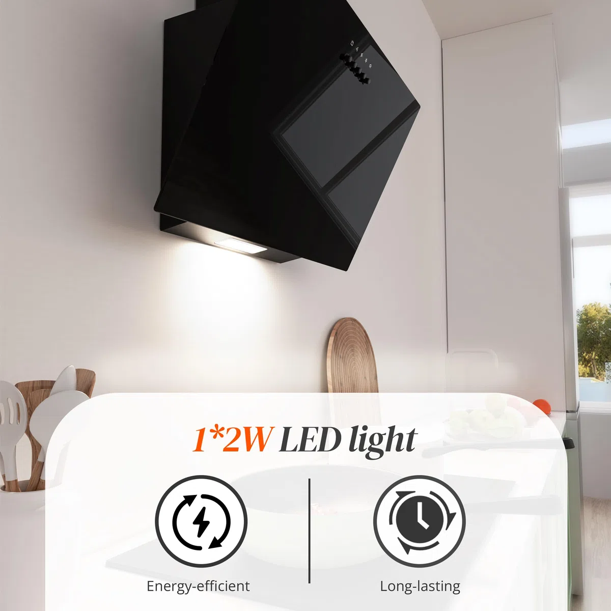 FIREGAS Campana extractora 60cm, Extractor inclinado, Motor sin escobillas, Bajo Consumo, Control Mecánico,3 velocidades, LEDs, Recirculante y Extracción, Incluye filtro de carbón