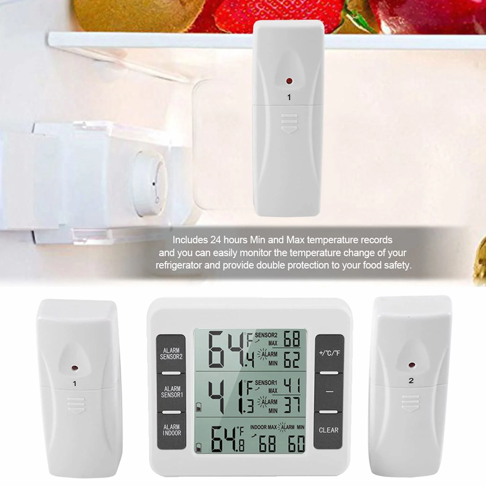 Termómetro de nevera Pantalla digital inalámbrica Monitor de temperatura del congelador Termómetro de refrigerador con sensor de 2 piezas y alarma mínima/máxima