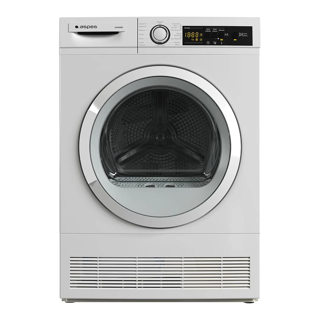 Aspes Secadora de Condensación 8Kg Carga Frontal Blanco ASC800BD. 2700W, 15 Programas, Función Antiarrugas, Función Antiarrugas, Display LED manual, Eficiencia Energética Clase B