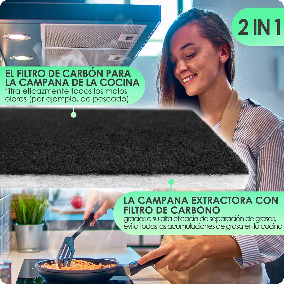 2 Filtros de Campana Extractoras combinados – Filtros Dobles de Carbón activo y Grasa 57x47cm, Filtro se puede cortar a medida, Universales para todas las Campanas Extractoras estándar