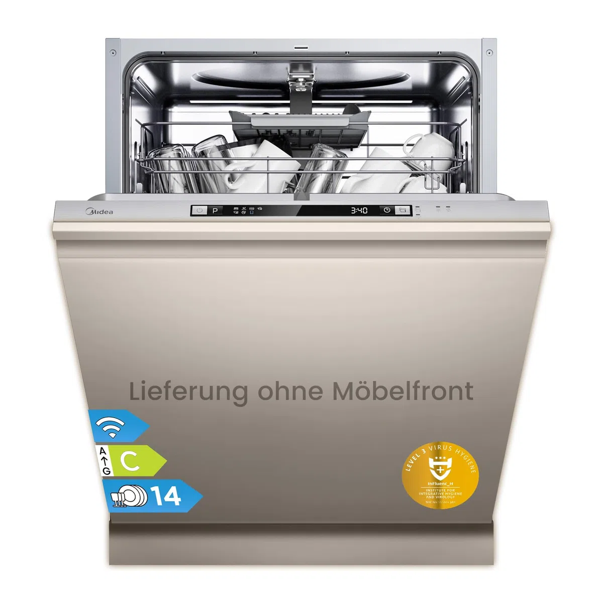 Midea SV 5.14K14C Lavavajillas Integrado 60 cm, 14 cubiertos, Lavavajillas integrable con WiFi, 8 programas, 44 dB, Apertura automática de puerta, 0-24H Inicio retardado, Acero inoxidable
