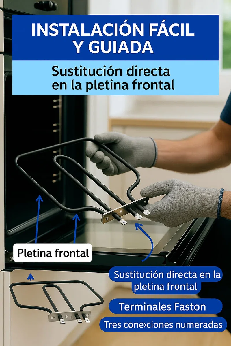 RECAMBIOS DREYMA Resistencia Solera Horno 83040745 Compatible con Teka Balay Fagor 1198W 220V Repuesto Base Calor Inferior Montaje Rapido Placa Fijacion Conectores Faston y Reparar Cocina