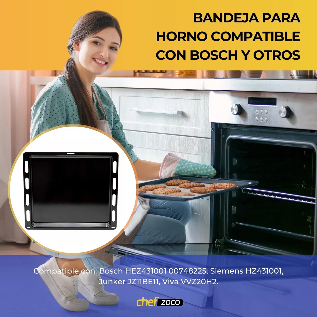 CHEFZOCO Bandeja para horno, Fuente para horno, Bandeja esmaltada, Compatible con Bosch HEZ431001 00748225, Siemen HZ431001, Junker JZ11BE11, Viva VVZ20H2, HC490, S2K, 370 mm profundo x 442 mm ancho