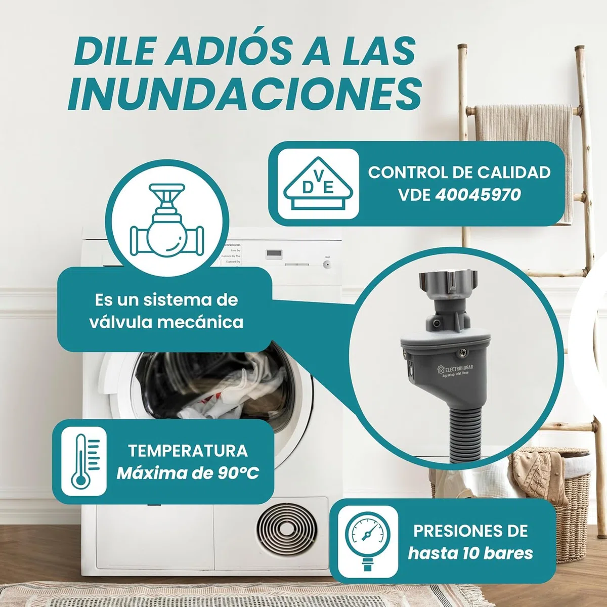 Manguera Aquastop 3M | Compatible con todas las Marcas de Lavadora y Lavavajillas | Conexión de 3/4" | Sistema Antifugas | Seguridad Contra Inundaciones | Certificación VDE