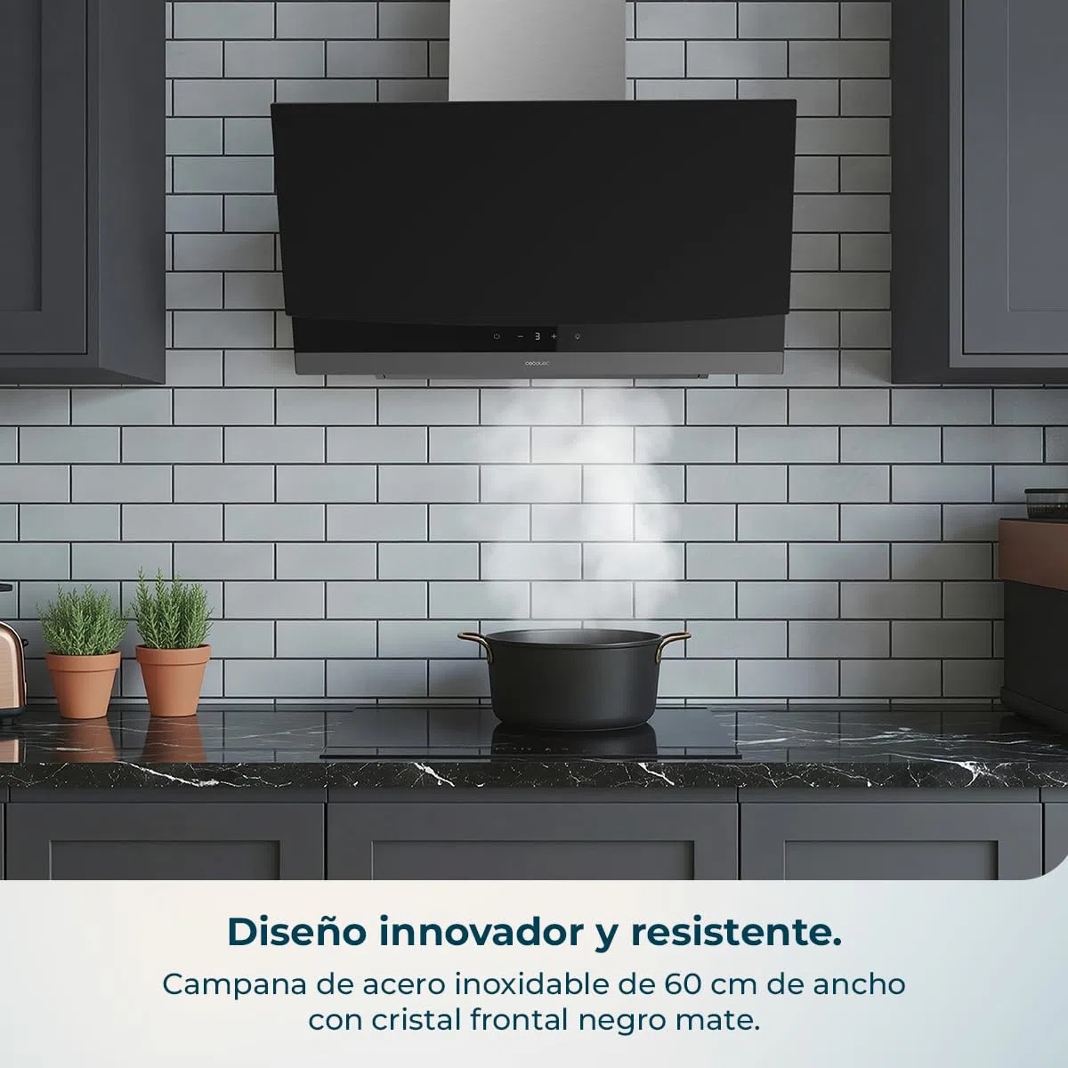 Cecotec Campana Extractora 60cm Decorativa Bolero Flux DT 604400 Matt Black A+++. Succión 416,5m³/h, 3 Velocidades, Bajo Consumo, Motor DC, Control de Movimiento y Táctil, Cristal Mate, Cuerpo Inox