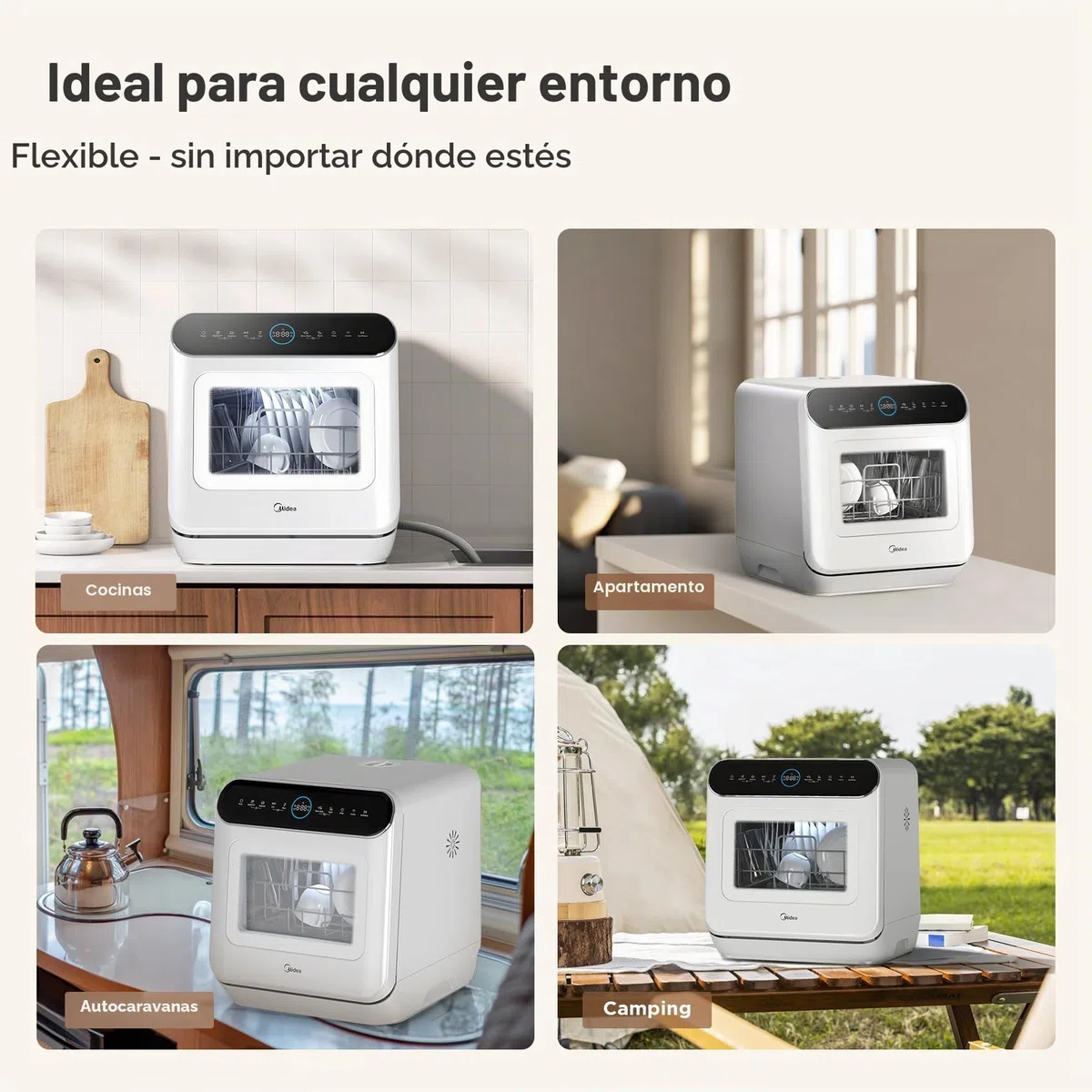 Midea Lavavajillas de mesa para 3 cubiertos, se puede utilizar con y sin conexión de agua, control IOT, 6+1 programas, control táctil, mini lavavajillas para apartamentos, dormitorios y autocaravanas