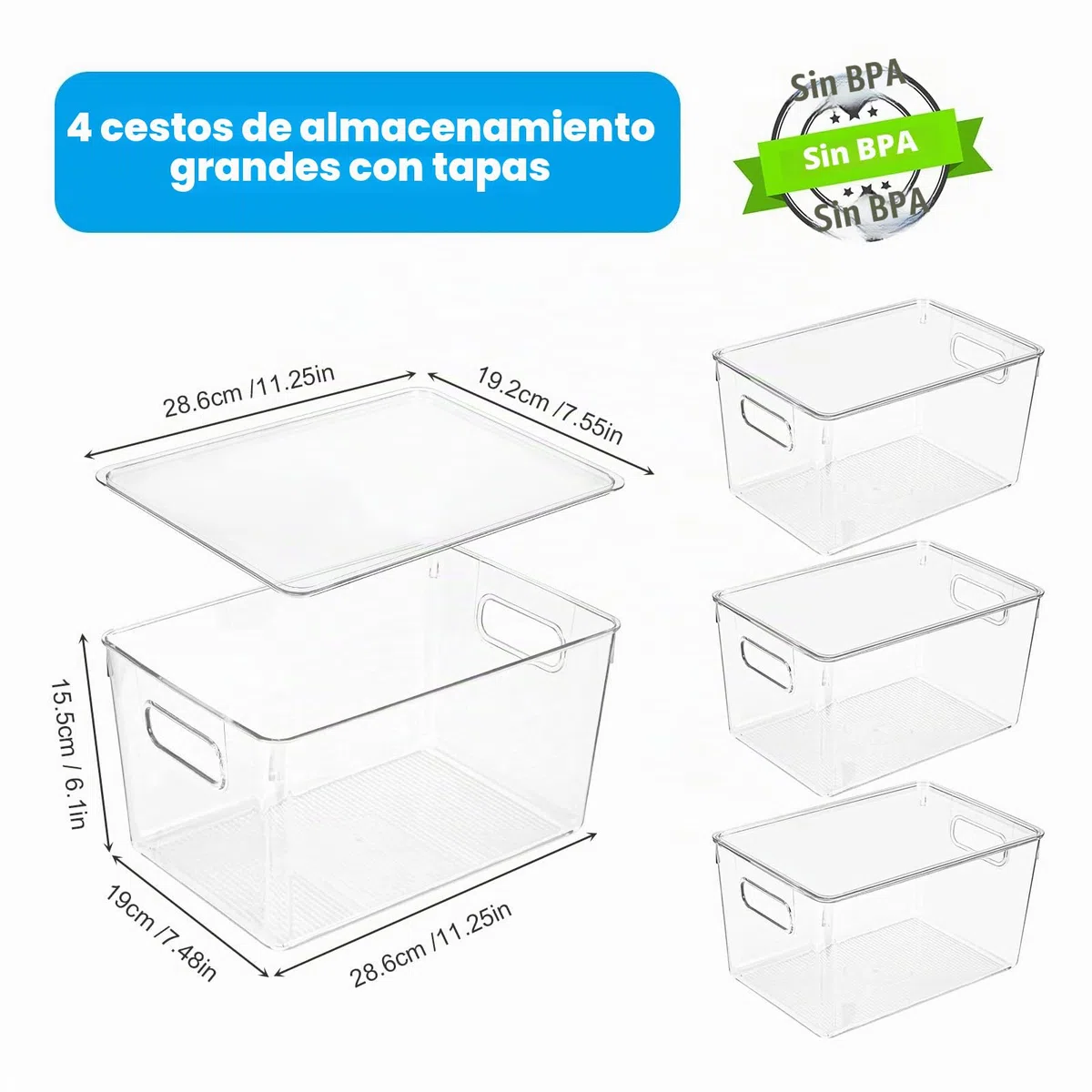 Organizador Nevera, Organizador Fruta Nevera Transparente Apilables, Juego de 4 Cajas de Almacenamiento para Cocina con Tapa para Armario, Cocina, Organizadores Neveras, 28,6 x 19 x 15,5 cm