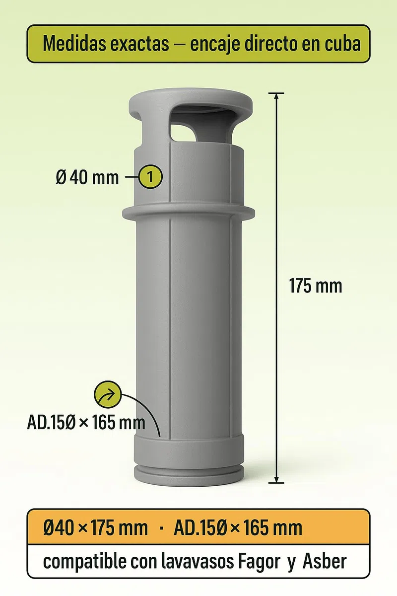 Sobrenivel Ø40x175mm FI-30 Adaptador Rebosadero Lavavasos Fagor Hostelería Compatible AD-48 AD-64 FI-48 HY FI-64 HY Asber LABP300 Instalación Precisa Duradera