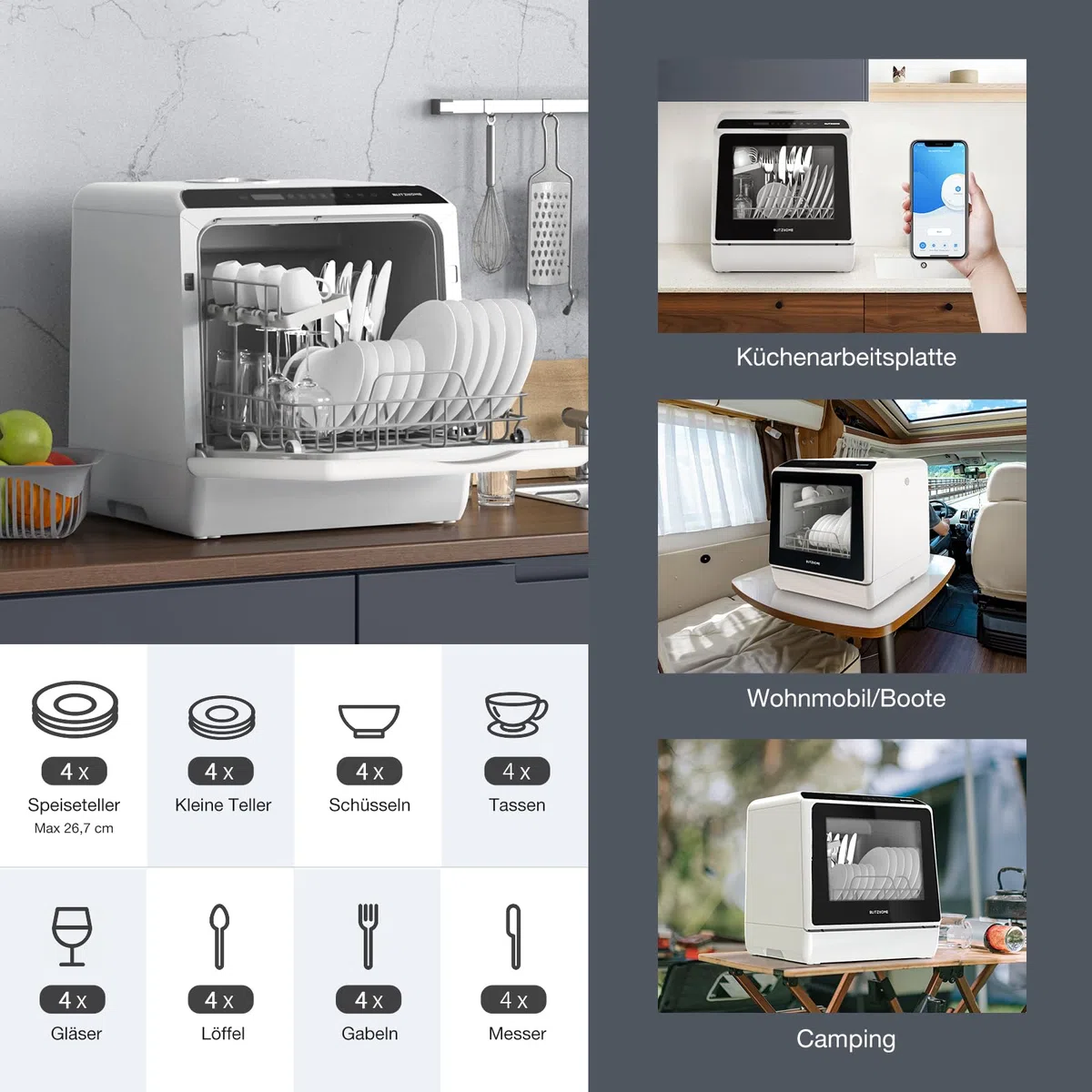 Mini Lavavajillas, BLITZHOME BH-CDW1 Lavavajillas Pequeño Portátil Control Smart App, 6 Programas, 5L Tanque de Agua,2 Modos de Suministro de Agua, Lavavajillas Compacto para Cocina Oficina RV Cámping