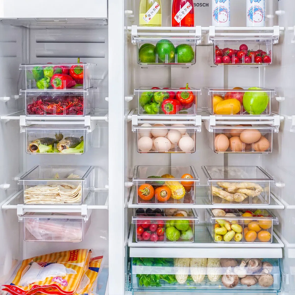 JOYBOY Organizadores de Cajones Frigoríficos, 4 pcs Caja de Almacenamiento para Frigorífico, Cajón Estante Nevera Organizador Retráctil para Cocina Armarios Fruta Vegetal etc