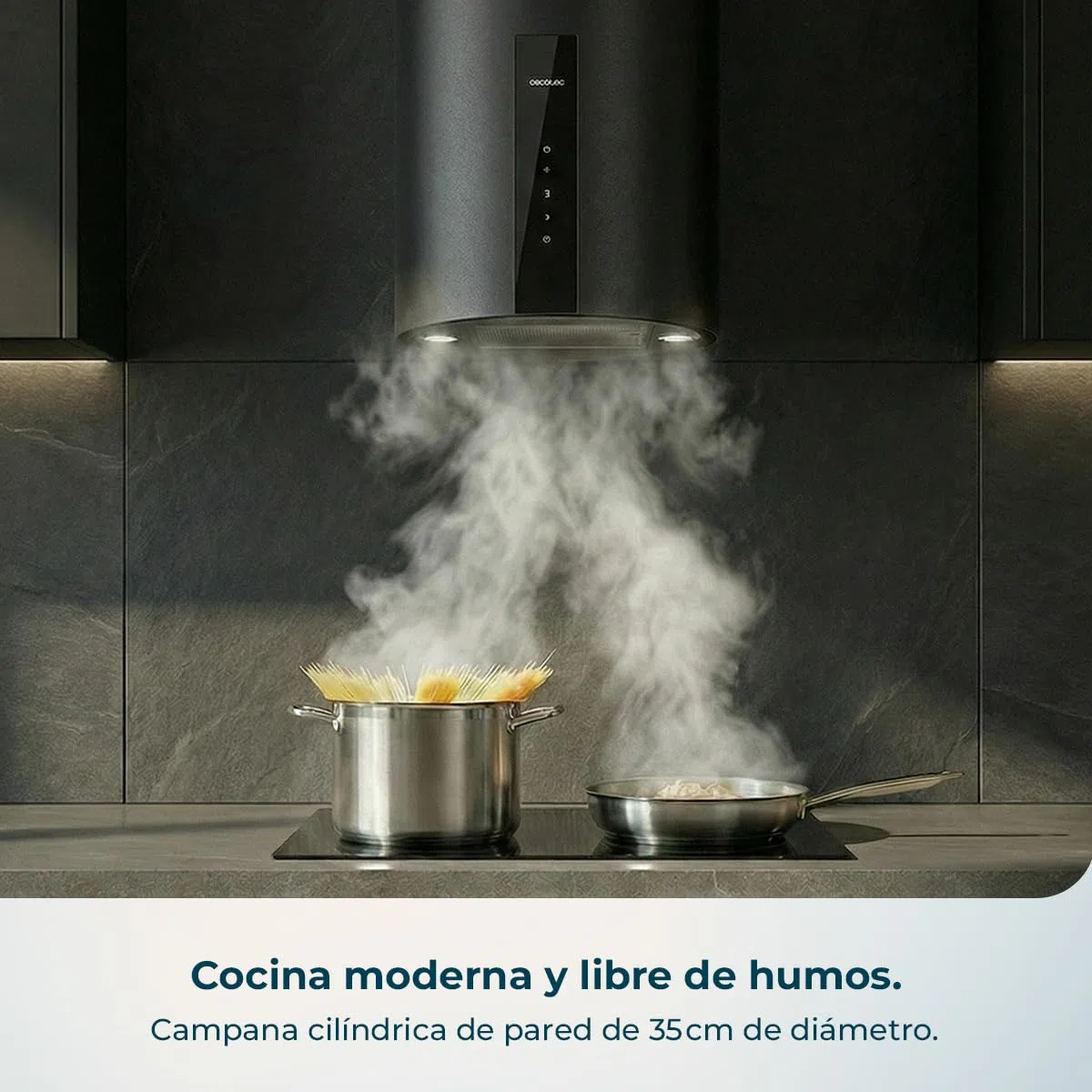 Cecotec Campana Extractora Redonda de Pared 35 cm Bolero Flux DRT 358000 Black A++. Acabado en Negro, Succión 715 m³/h, 2 Velocidades + Función Booster, Filtros de Carbono, Clase A++, Control Táctil