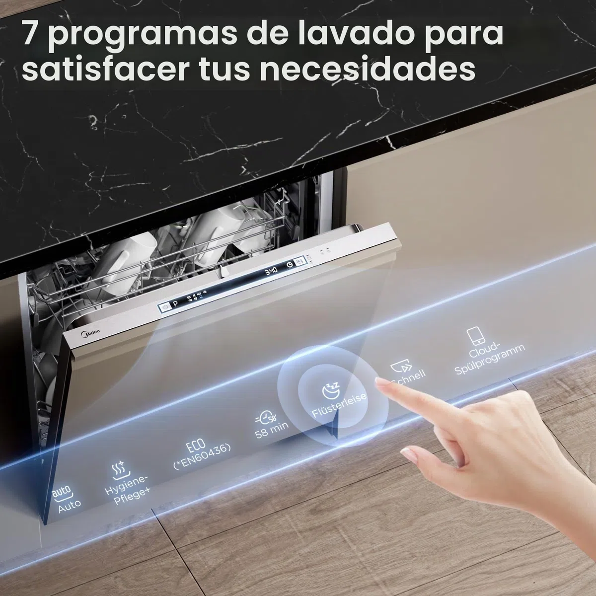 Midea SV 5.14K14C Lavavajillas Integrado 60 cm, 14 cubiertos, Lavavajillas integrable con WiFi, 8 programas, 44 dB, Apertura automática de puerta, 0-24H Inicio retardado, Acero inoxidable