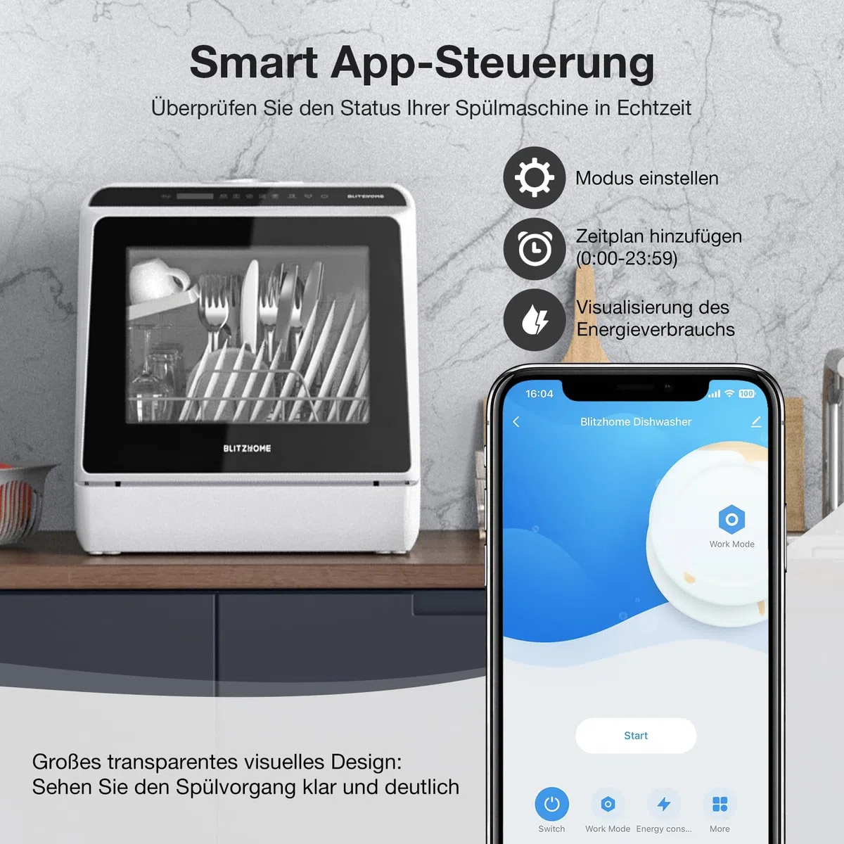 Mini Lavavajillas, BLITZHOME BH-CDW1 Lavavajillas Pequeño Portátil Control Smart App, 6 Programas, 5L Tanque de Agua,2 Modos de Suministro de Agua, Lavavajillas Compacto para Cocina Oficina RV Cámping
