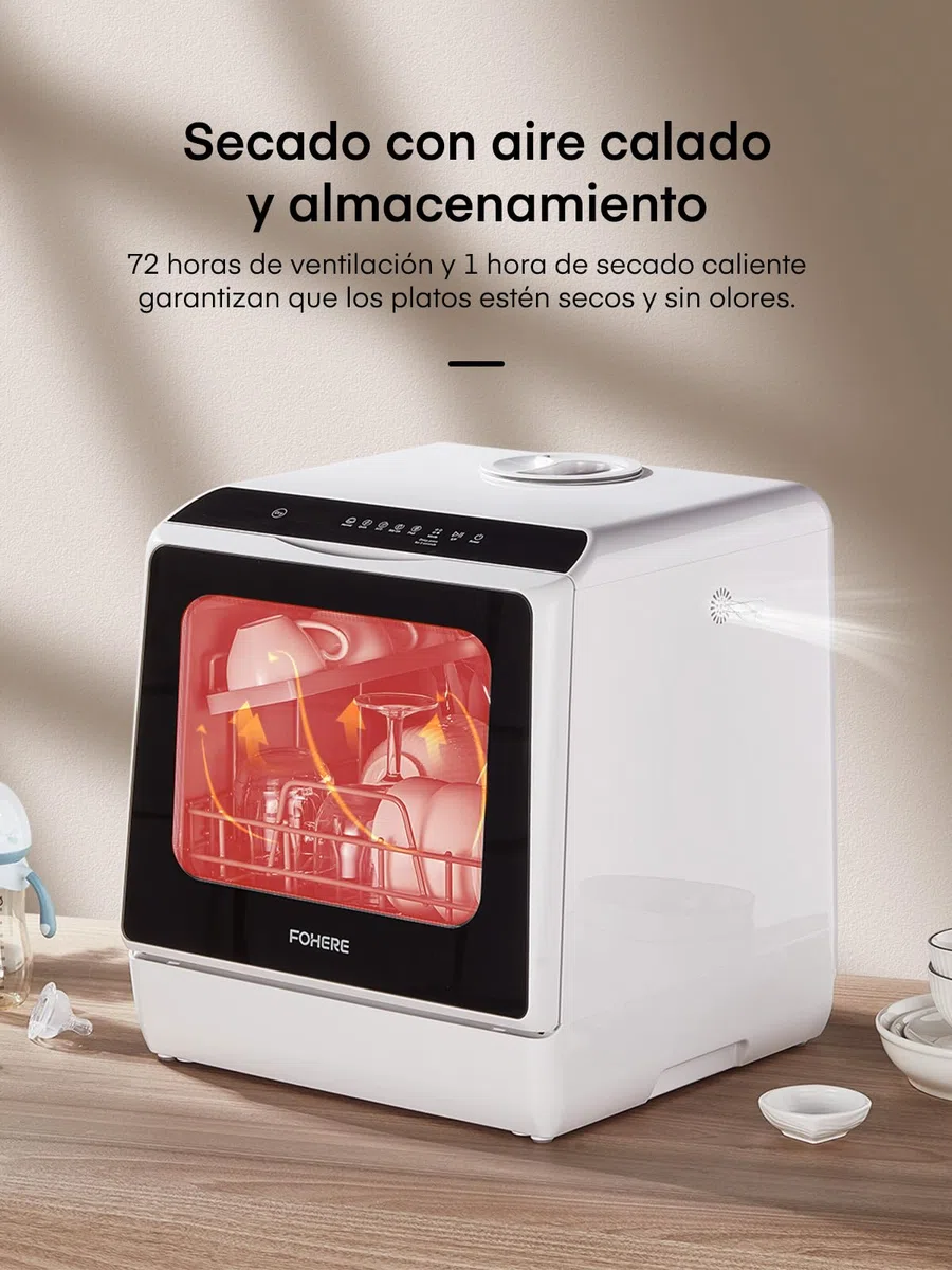 Mini Lavavajillas de Sobremesa con 5+1 Programas, Inicio Diferido 1–6h, Depósito de 5 Litros, 2 Formas de Suministro de Agua, Control Táctil y Pantalla LED, Ideal Para Cocinas y Autocaravanas