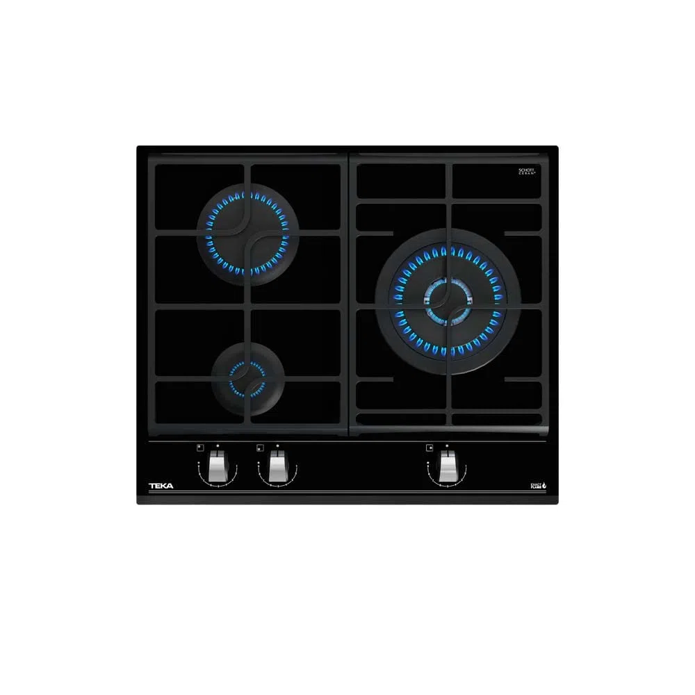 TEKA Placa de Gas Butano 60 cm, 3 Quemadores, ExactFlame, Doble Anillo 4,00 kW, Vidrio Cerámico, Modelo GZC 63310 XBB