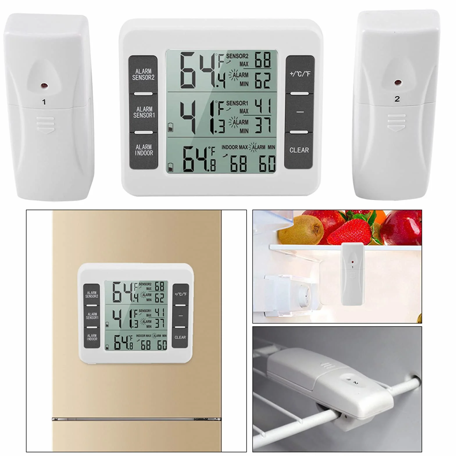 Termómetro de nevera Pantalla digital inalámbrica Monitor de temperatura del congelador Termómetro de refrigerador con sensor de 2 piezas y alarma mínima/máxima