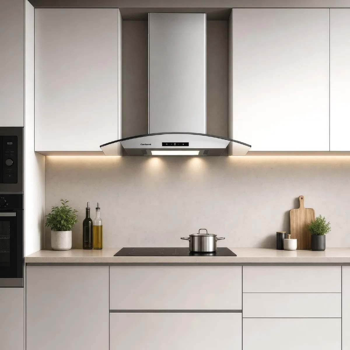 Corbero - Campana Extractora Horizontal 90cm | FUJI975XGLASS | 720.2 m3/h| 67db| 235W | 4 Velocidades | Control Touch| Panel LED| Filtro Aluminio + Filtro Carbón | Acero Inoxidable-Cristal