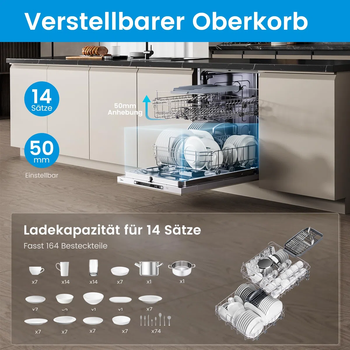 Midea SV 5.14K14C Lavavajillas Integrado 60 cm, 14 cubiertos, Lavavajillas integrable con WiFi, 8 programas, 44 dB, Apertura automática de puerta, 0-24H Inicio retardado, Acero inoxidable
