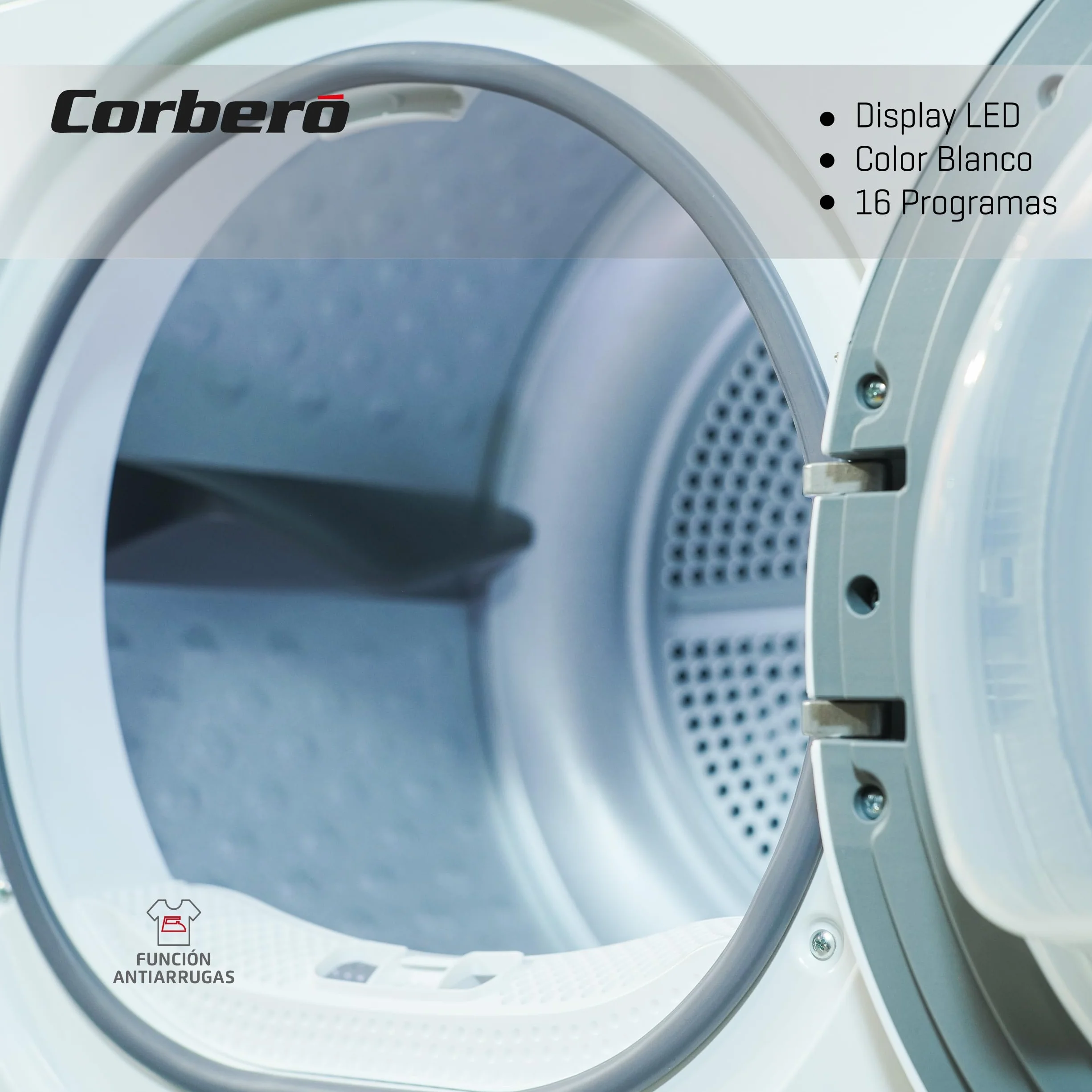 Corberó - Secadora Carga Frontal 8 kg | CSCEM8084W | Condensación | Display LED | 16 Programas | Inicio Diferido | Inicio/Pausa y Antiarrugas | 69dB | E. energética B, Blanco