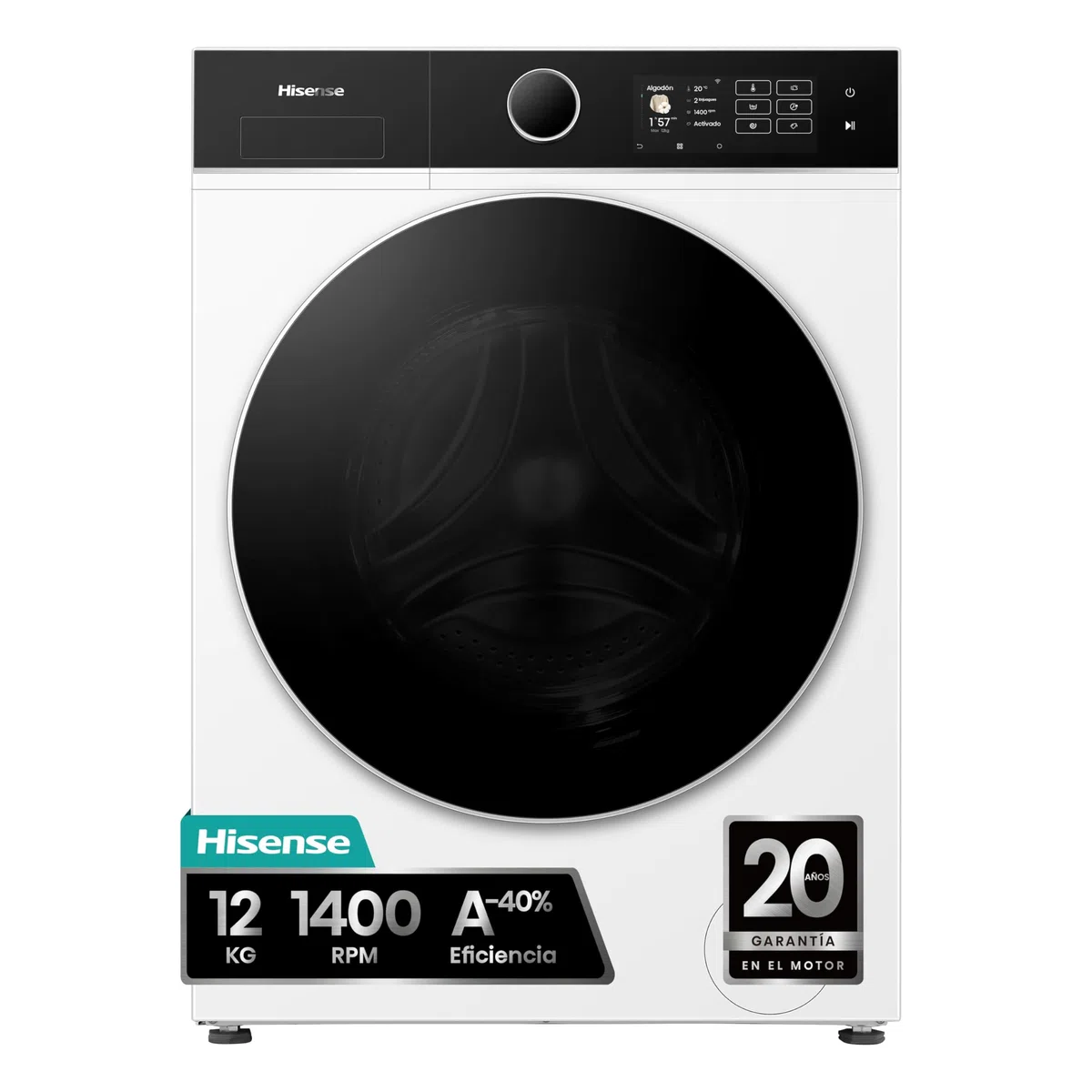 Hisense WF5I1245BWR - Lavadora 12 Kg, Clase A-40%, 1400 rpm, AutoDose, puerta cristal, fondo reducido 59,5cm, ancho 59,5cm, alto 84,5cm - Color Blanco