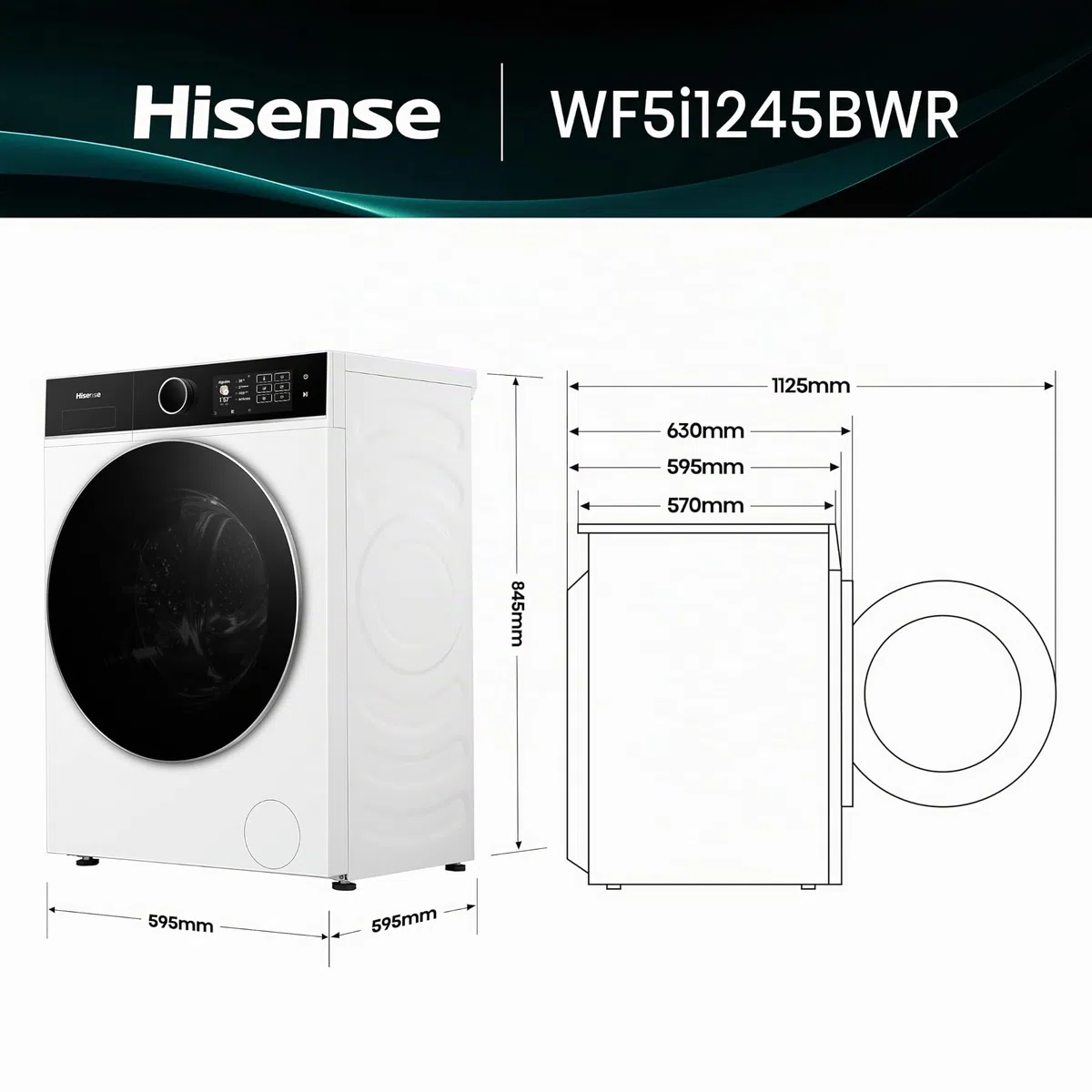 Hisense WF5I1245BWR - Lavadora 12 Kg, Clase A-40%, 1400 rpm, AutoDose, puerta cristal, fondo reducido 59,5cm, ancho 59,5cm, alto 84,5cm - Color Blanco