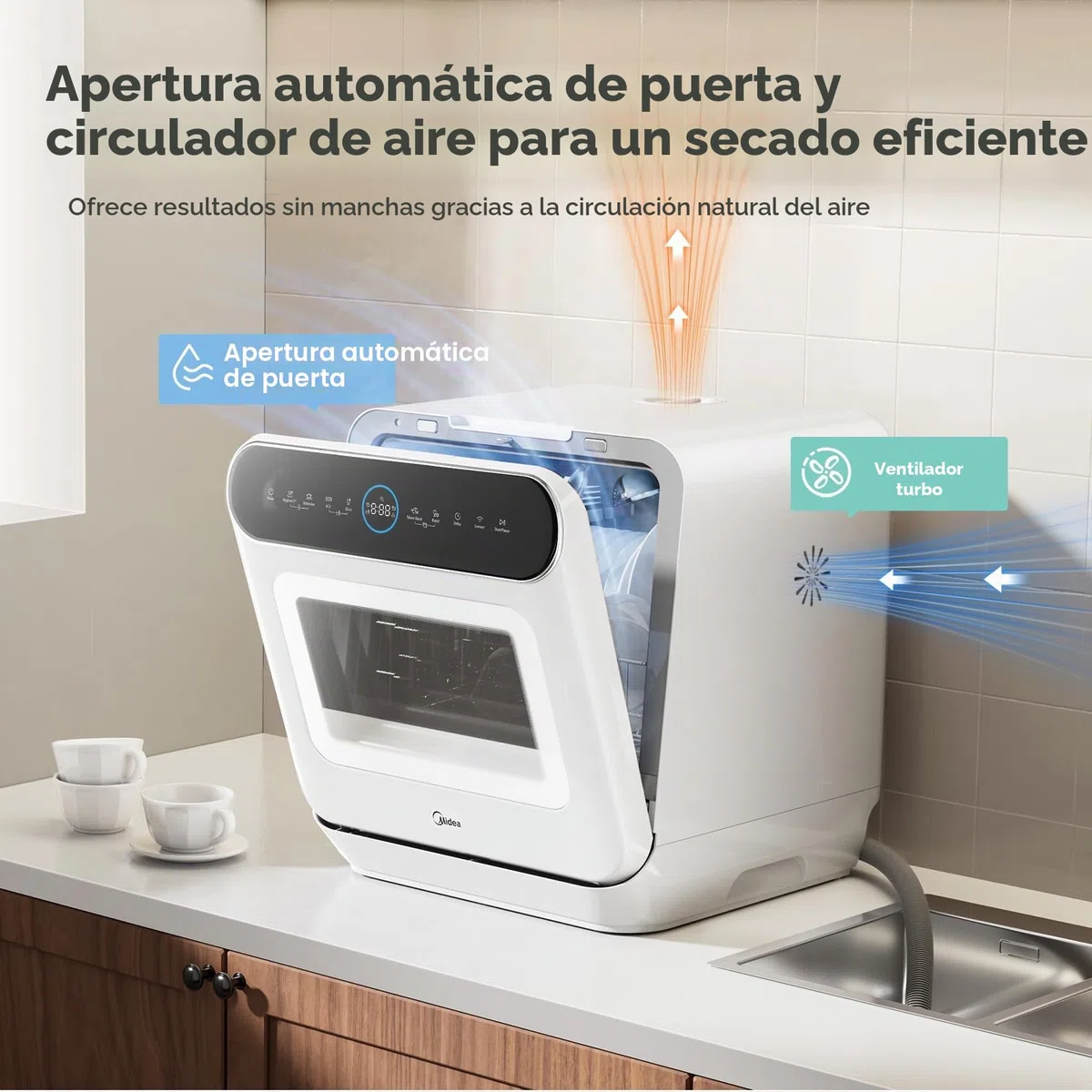 Midea Lavavajillas de mesa para 3 cubiertos, se puede utilizar con y sin conexión de agua, control IOT, 6+1 programas, control táctil, mini lavavajillas para apartamentos, dormitorios y autocaravanas