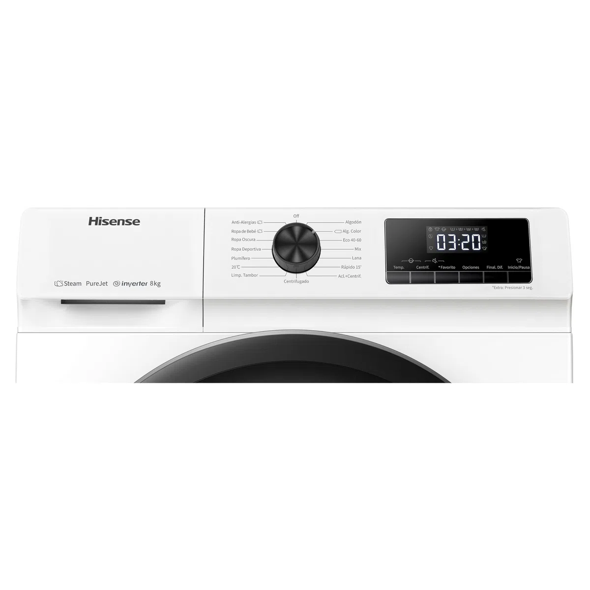 Hisense WFQE8014EVJM Lavadora 8 Kg, 1400 rpm, 15 Programas Automáticos, Vapor, Motor Inverter, Clase Eficiencia Lavado A, Pantalla LED, Programa Rápido, PureJet, Blanco