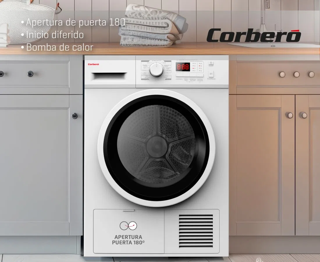 Corberó - Secadora Carga Frontal 8 kg | CSCEM8084W | Condensación | Display LED | 16 Programas | Inicio Diferido | Inicio/Pausa y Antiarrugas | 69dB | E. energética B, Blanco