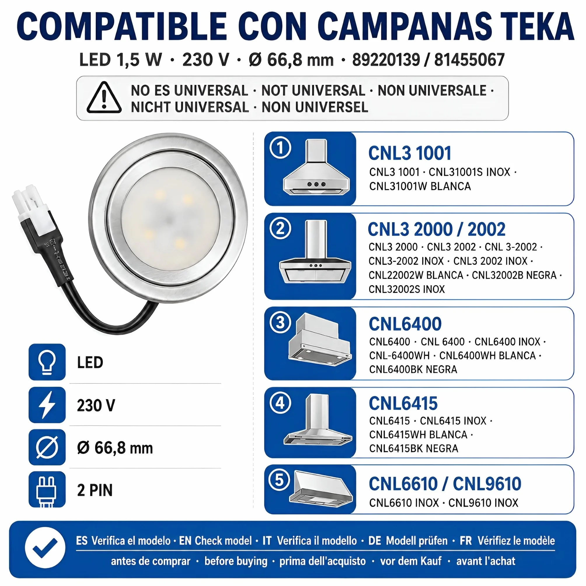 MIRTUX Lámpara Led 1,5 W 230 V para Campanas Teka (SOLO válido para modelos compatibles. Ver en descripción). Códigos originales: 89220139 y 81455067.