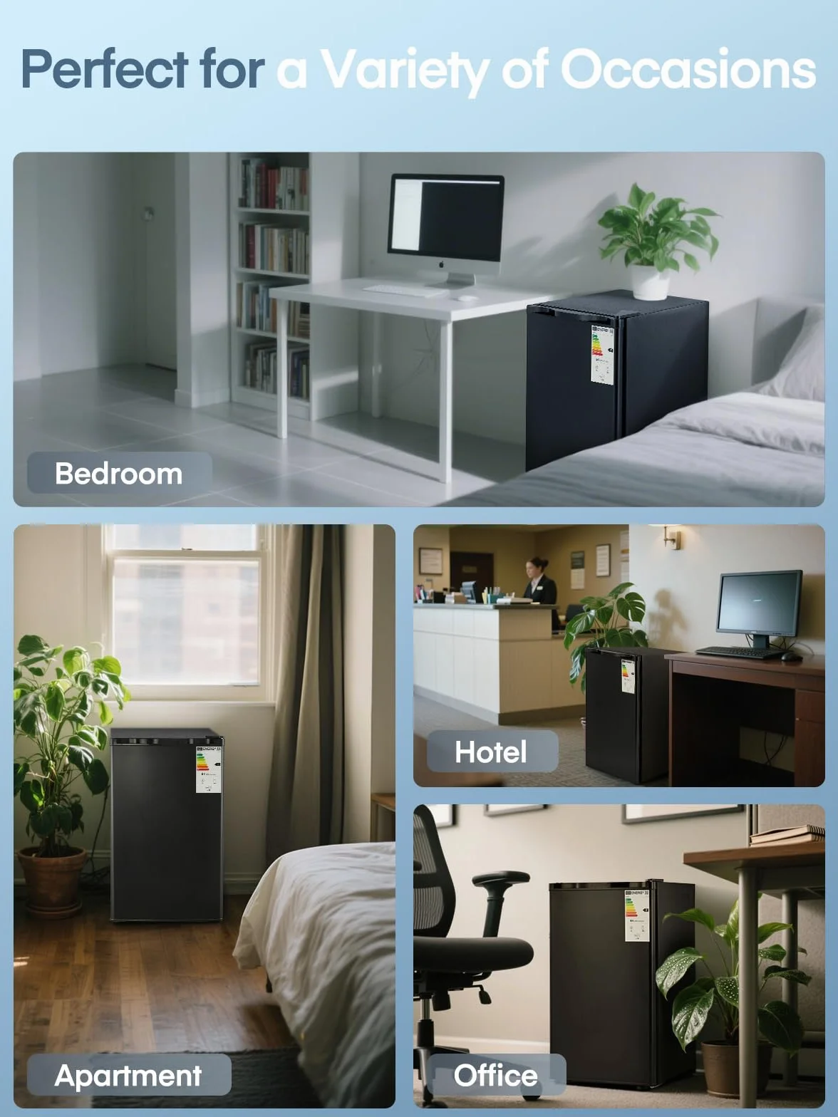 FOHERE Frigorífico con Congelador 90L, Nevera Pequeña Compacta, 7 Temperatura Regulable, 84kWh/año, Eficiencia Energética E, Silencioso, Ideal para Dormitorio, Oficina, Cocina, Caravana y Camping