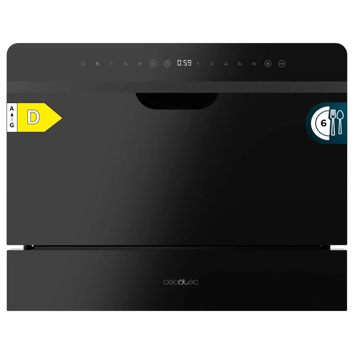 Cecotec Lavavajillas Compacto Semi Integrable 6 Cubiertos Bolero Aguazero 2500 S-BI Black Glass. 1380W, Acabado Cristal negro, Bajo Consumo, 5 Programas, Panel Táctil, Comienzo Diferido