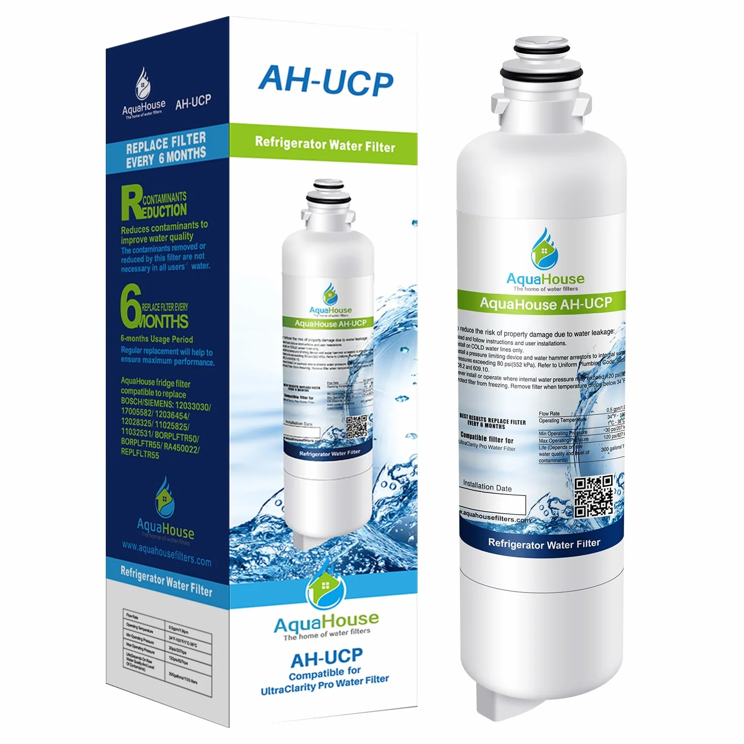 AquaHouse Filtro de agua AH-UCP compatible con Ultra Clarity Pro 11032518, BORPLFTR50, BORPLFTR55 compatible con refrigeradores Bosch Neff Siemens y Gaggenau