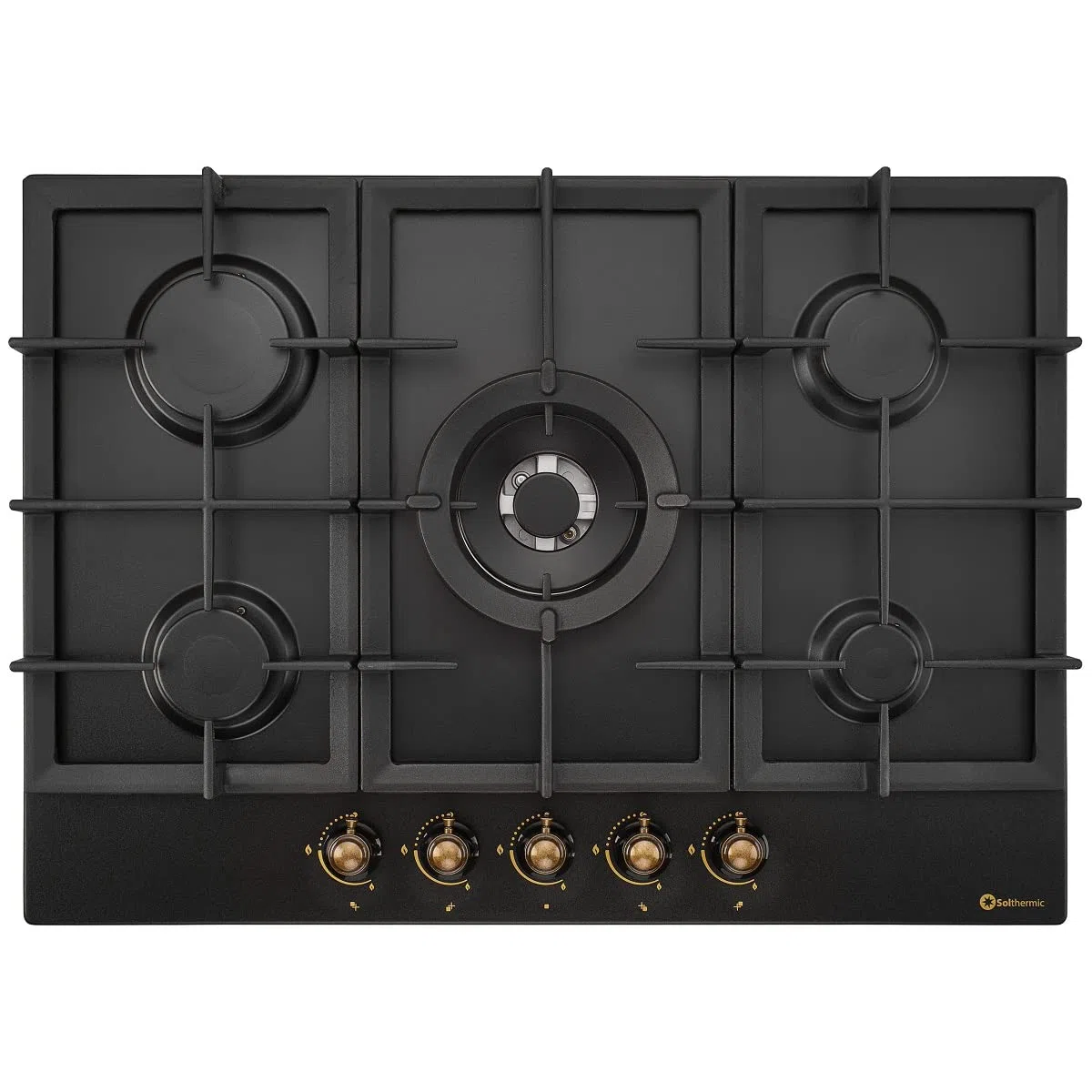 SOLTHERMIC BL032 PLACA GAS NEGRA RUSTICA CON MANDOS DORADOS/ANCHO 70 CM ENCASTRABLE EN HUECO DE 60 CM / 5 FUEGOS CON ENCENDIDO AUTOMATICO/PARRILLA HIERRO FUNDIDO