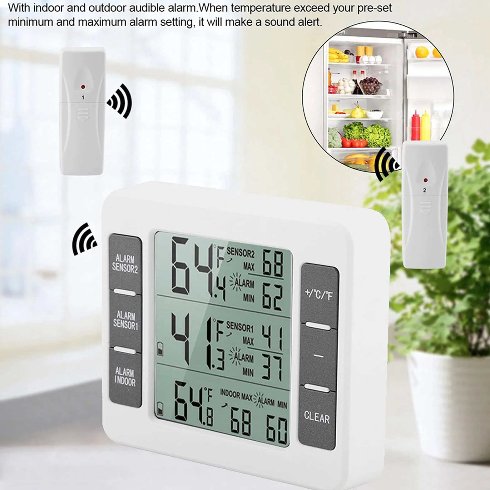 Termómetro de nevera Pantalla digital inalámbrica Monitor de temperatura del congelador Termómetro de refrigerador con sensor de 2 piezas y alarma mínima/máxima