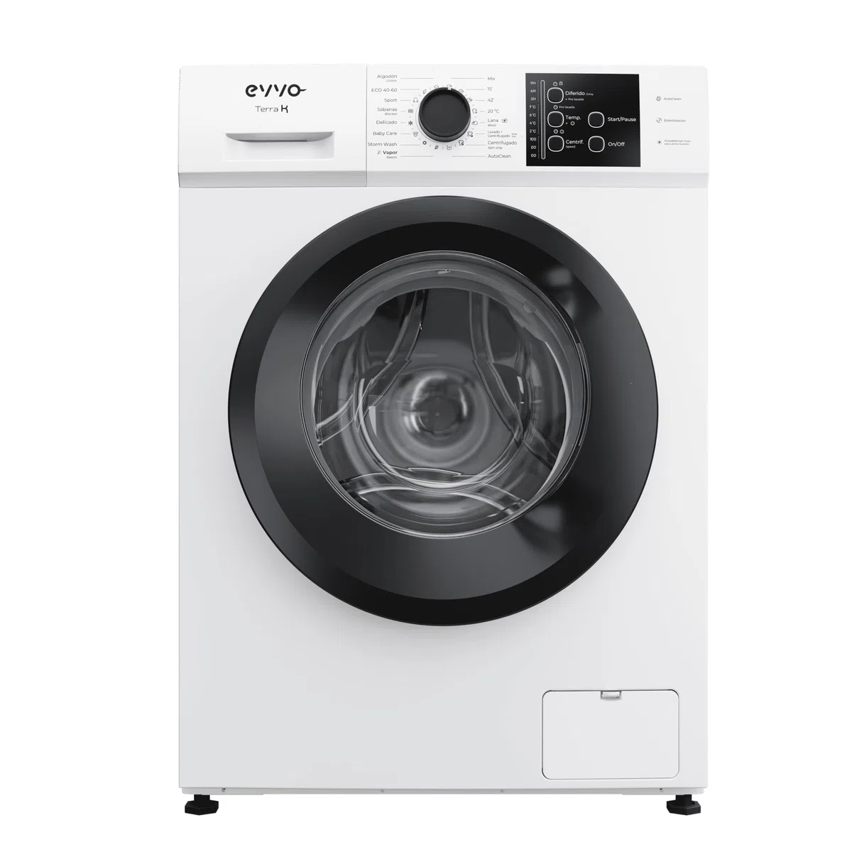 EVVO Lavadora Carga Frontal TERRA K7 - Lavadora Eficiencia Energética A, Motor eDRIVE Inverter, Función Vapor, 1000-1200 RPM, 16 Programas, Lavado Rápido, Limpieza de Tambor, Fondo Estrecho 44 cm