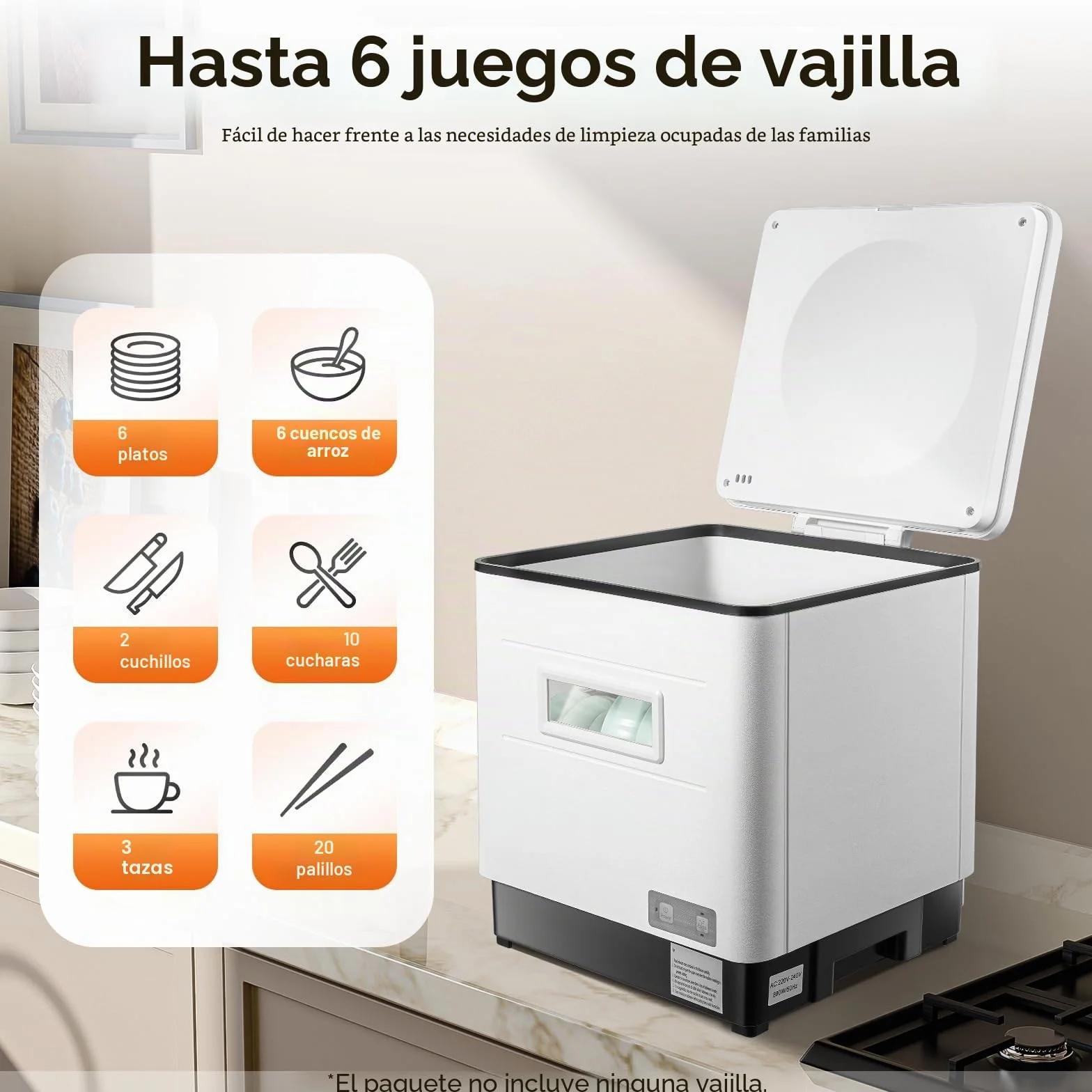 Mini lavavajillas de 1500 W, acero inoxidable, portátil, totalmente automático, esterilización a alta temperatura, color blanco.