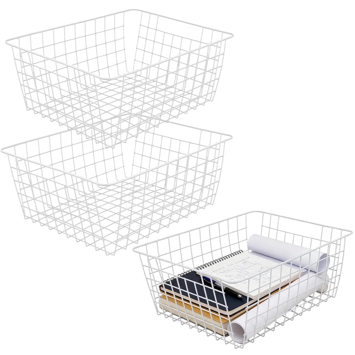 SINJEUN 3 unidades de 36 x 29 x 15,5 cm, cesta de alambre blanco, cesta de almacenamiento, para congelador, cesta de rejilla, cesta de alambre rectangular para cocina y congelador