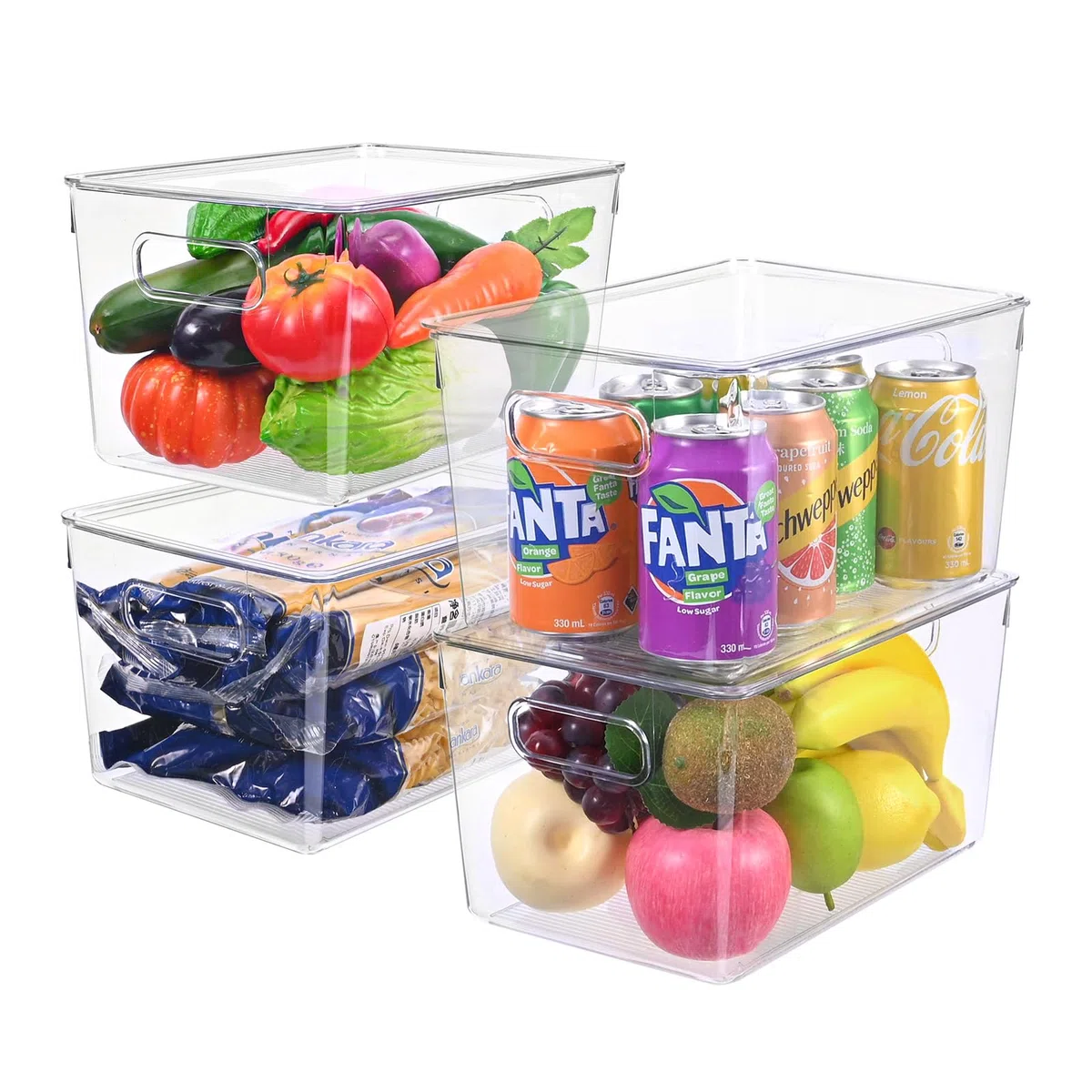 Organizador Nevera, Organizador Fruta Nevera Transparente Apilables, Juego de 4 Cajas de Almacenamiento para Cocina con Tapa para Armario, Cocina, Organizadores Neveras, 28,6 x 19 x 15,5 cm