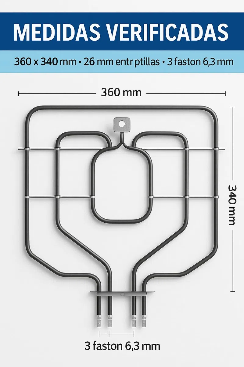 RECAMBIOS DREYMA Resistencia Grill Superior 2300W 230V 367 x 345 mm Distancia Terminales 26mm 3 Faston Recambio Horno Compatible con Balay Bosch Lynx Superser Neff Constructa Crolls Corcho Pro
