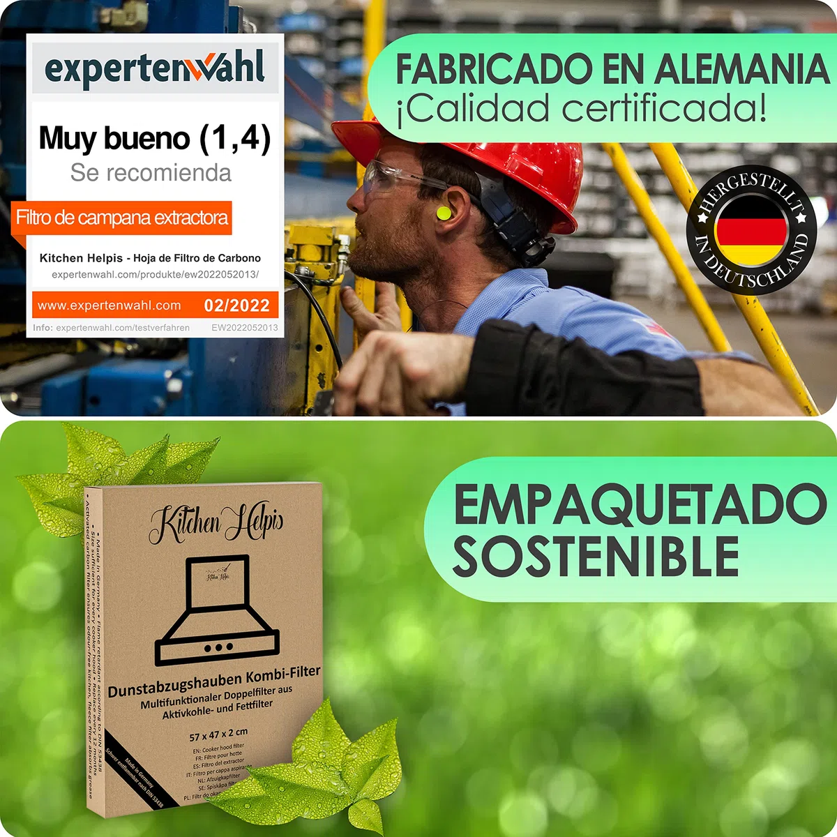 2 Filtros de Campana Extractoras combinados – Filtros Dobles de Carbón activo y Grasa 57x47cm, Filtro se puede cortar a medida, Universales para todas las Campanas Extractoras estándar