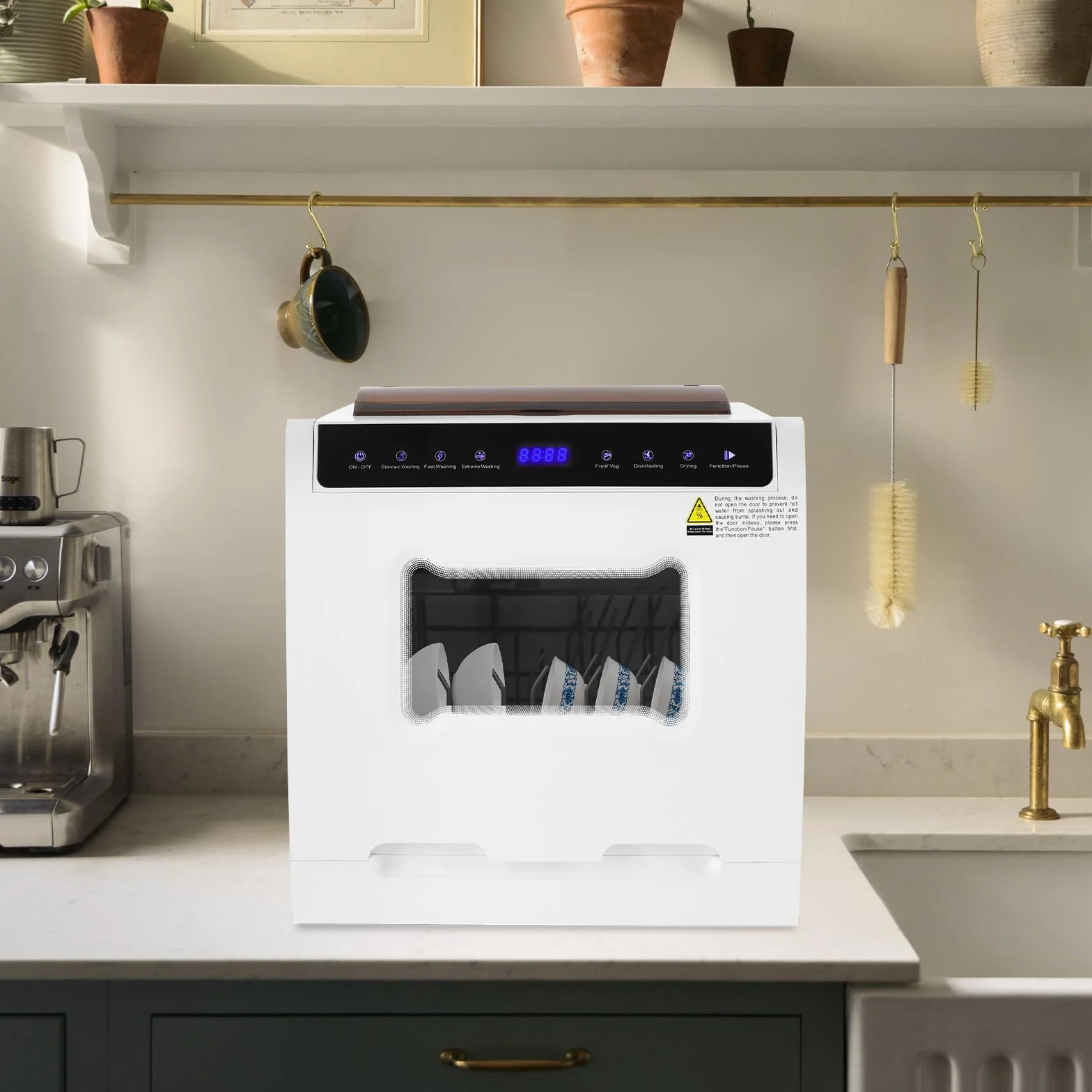 Lavavajillas de 1100 W, 5 programas, secador de aire caliente, 4-6 personas, 72 horas, almacenamiento táctil, ventana, silencioso, 52 dB, para apartamento, autocaravana, barco