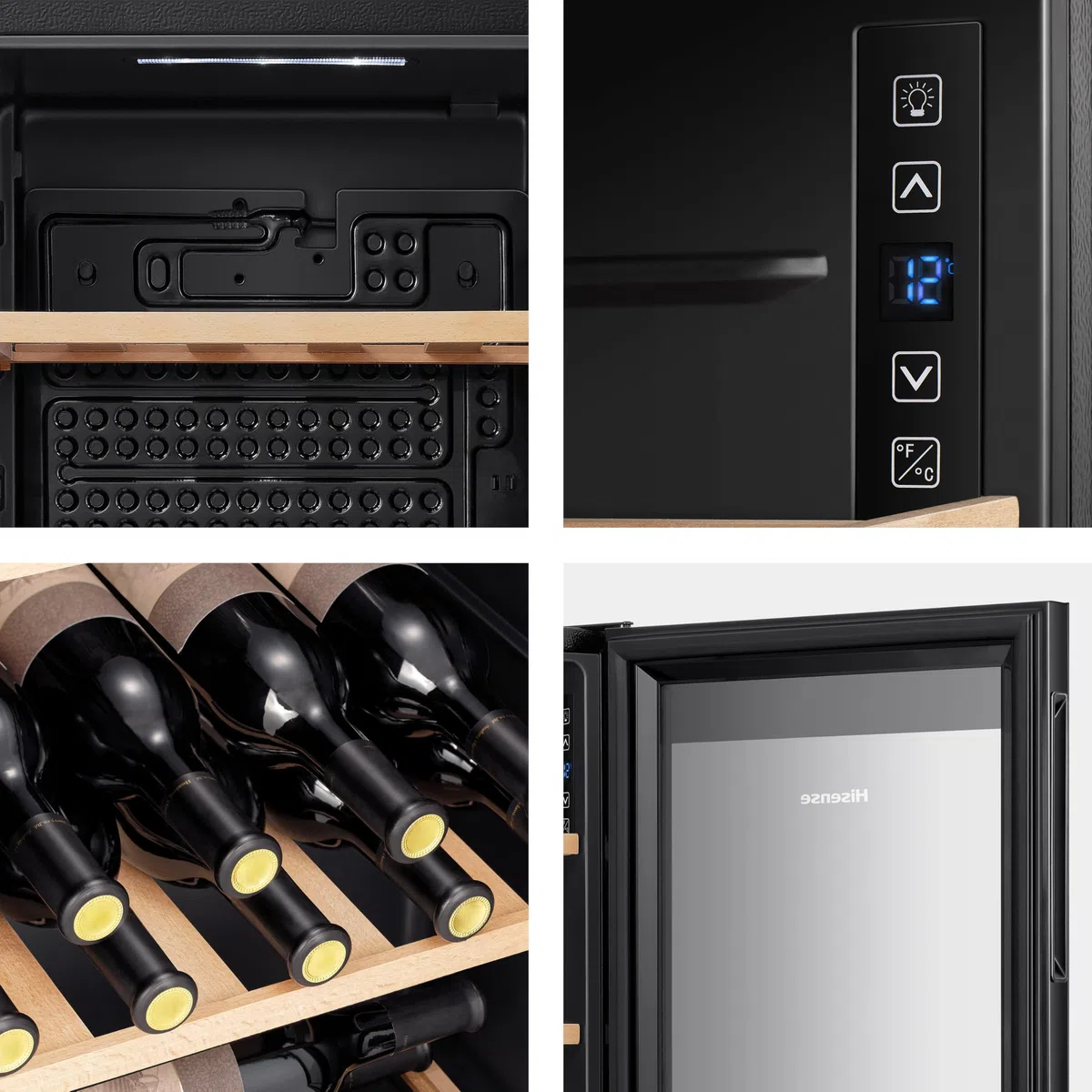 Hisense MWC4894GF - Bodega de Vino de 30 Botellas, monotemperatura, Vidrio Anti-UV, estantes de Madera, Pantalla táctil, iluminación LED, año 2023