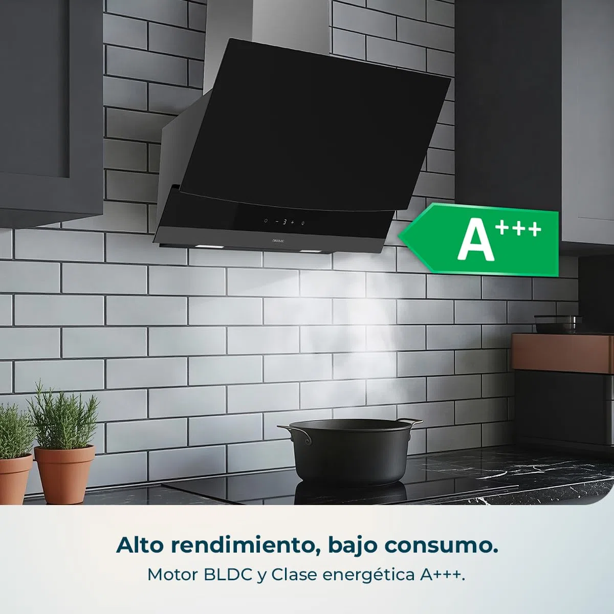 Cecotec Campana Extractora 60cm Decorativa Bolero Flux DT 604400 Matt Black A+++. Succión 416,5m³/h, 3 Velocidades, Bajo Consumo, Motor DC, Control de Movimiento y Táctil, Cristal Mate, Cuerpo Inox
